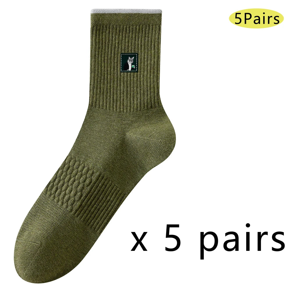 5 Pairs Men Cartoon Cat Mid Crew Cotton Socks Breathable