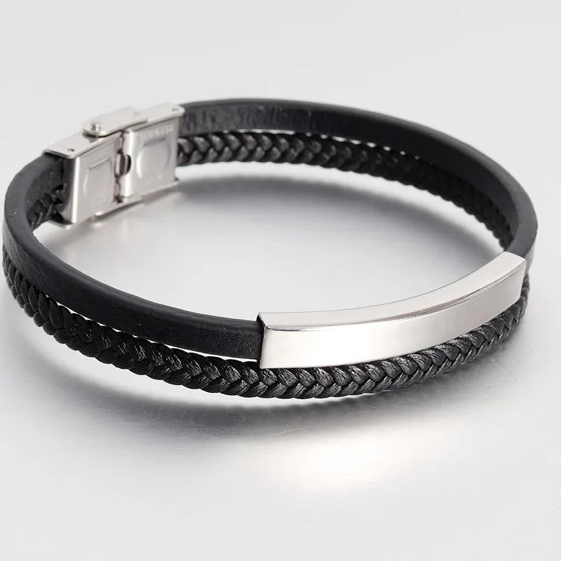 Luxury Men's Leather Bracelet Hand-Woven Multilayer Vintage Bangle with Stainless Steel Clasp