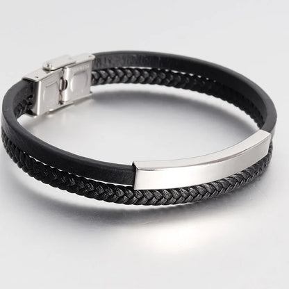 Luxury Men's Leather Bracelet Hand-Woven Multilayer Vintage Bangle with Stainless Steel Clasp