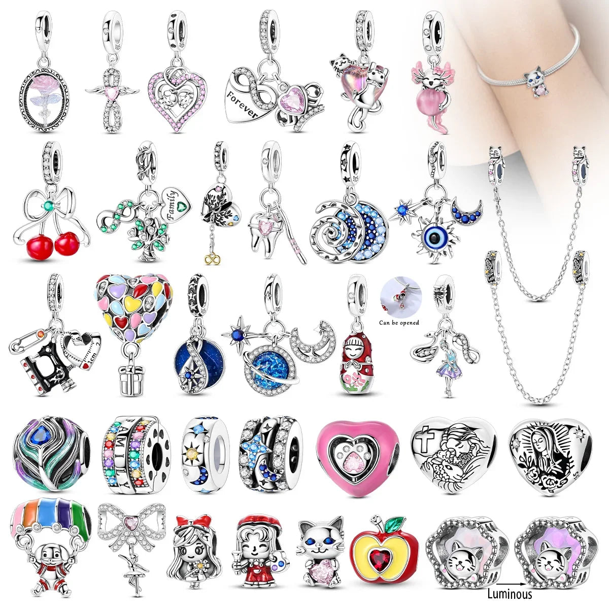 Sterling Silver Cat and Flower Heart Charm for DIY Bracelet Jewelry