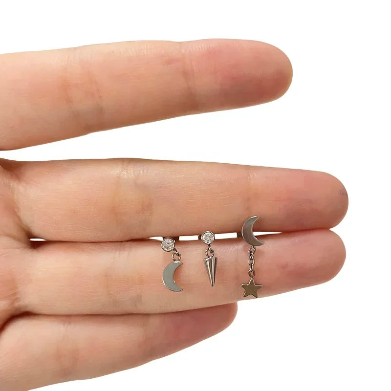 ASTM F136 Titanium Ear Piercing Pendant Chain Dangle Ear Studs with CZ Top Labret Lip Stud and Cartilage Earring Body Jewelry