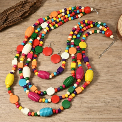 Bohemian African Jewelry Set with Geometric Multilayer Wooden Beads Necklace and Earrings for Women