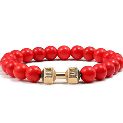 Vintage Men's Natural Stone Bead Bracelet With Dumbbell Pendant red gold