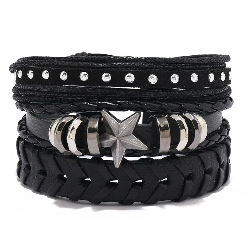 ZORCVENS Men's Handmade Braided Leather Bracelet Set - Vintage Black Punk Fashion Gift