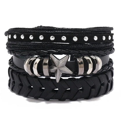 ZORCVENS Men's Handmade Braided Leather Bracelet Set - Vintage Black Punk Fashion Gift
