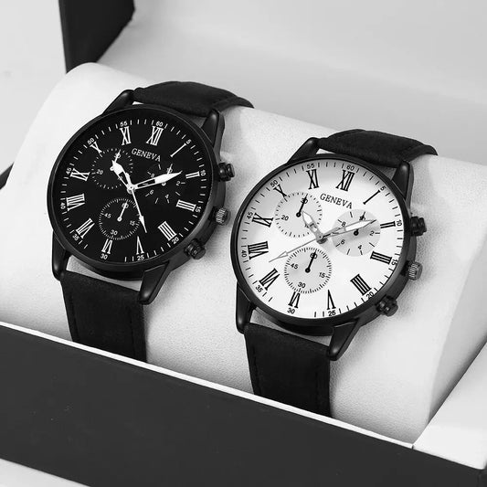 2PCS Set Couple Fashion Casual Leather Watches Simple Dial Multicolor