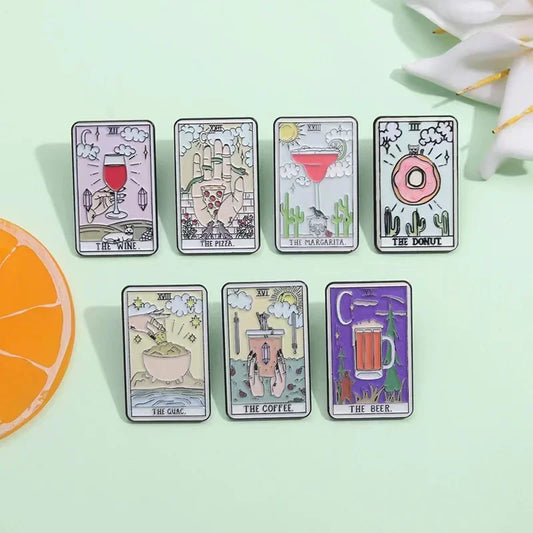 Custom Tarot Enamel Pins Set Featuring Beer Donut Wine Coffee Pizza Brooches for Unique Punk Gothic Jewelry Gifts