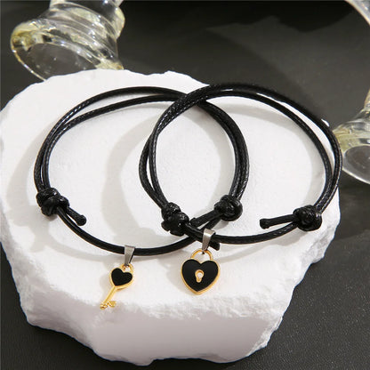 Charm Black Heart Key Lock Adjustable Couple Bracelets Set for Lovers