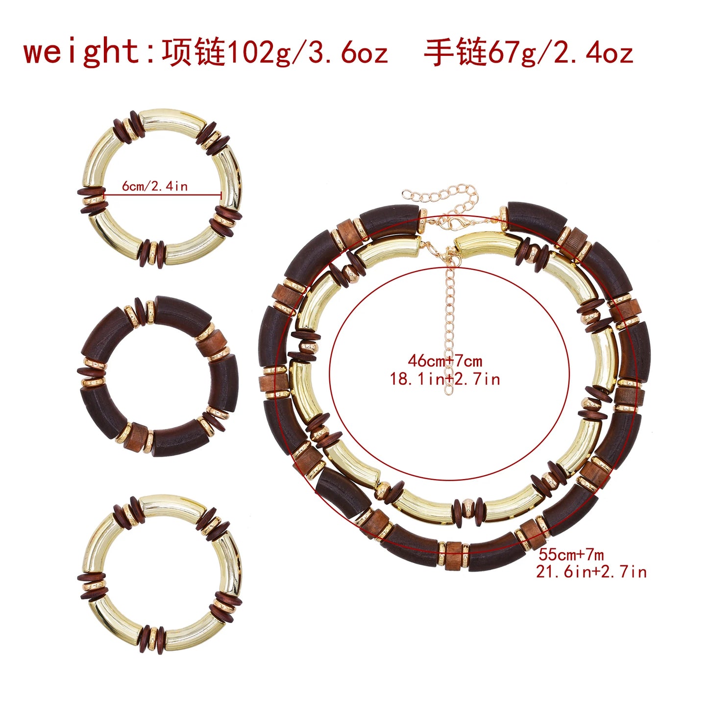 Vintage Brown Wood Multi Layer Necklace And Bracelet Set For Women Gold Plated Fashion Jewelry Gift For Parties