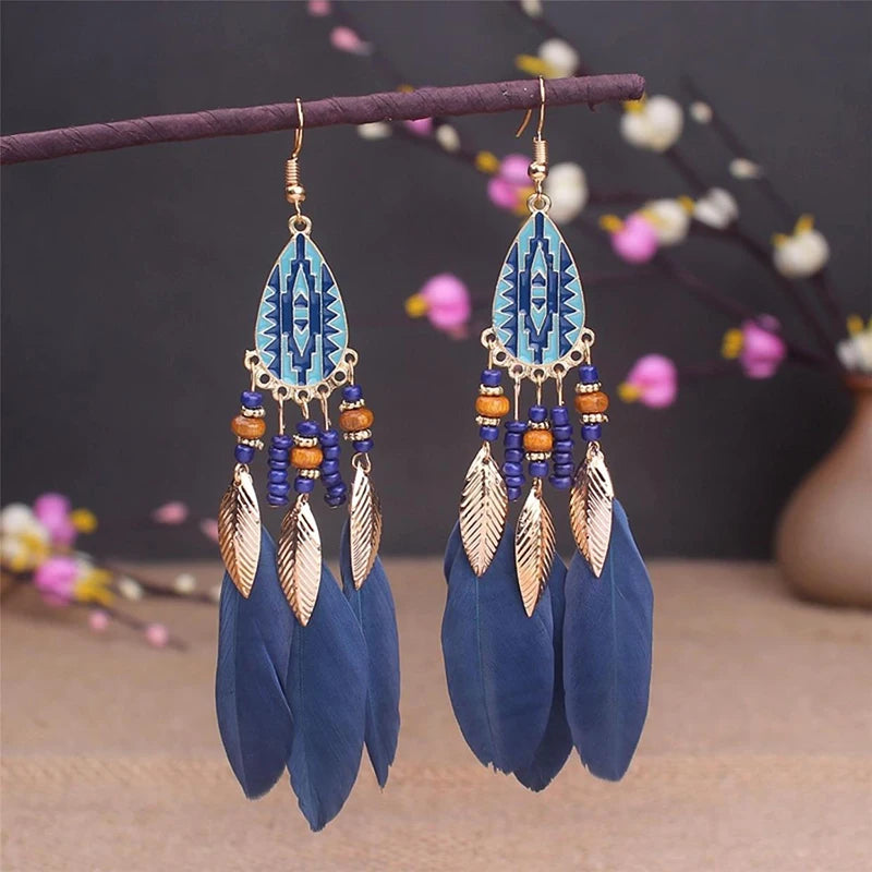 Bohemian Long Feather Drop Earrings with Tassel Beads and Enamel Flowers for Women