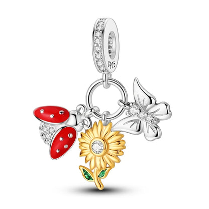 Sterling Silver Heart Sunflower Charm Pendant For Bracelet