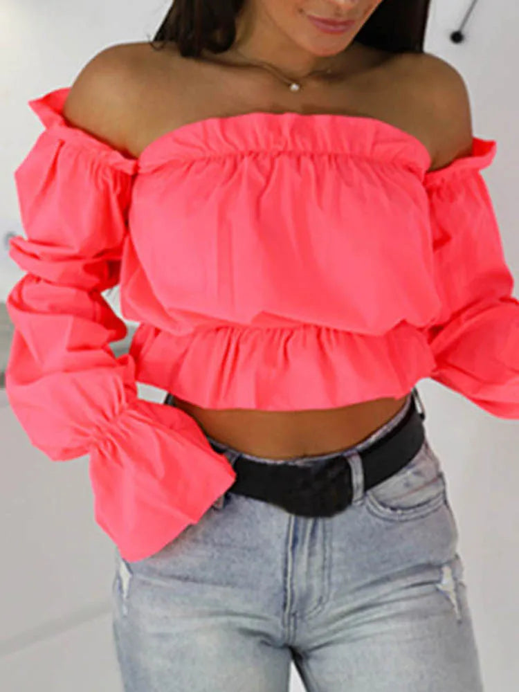 Candy Color Off Shoulder Crop Top Dot Print Lantern Sleeves