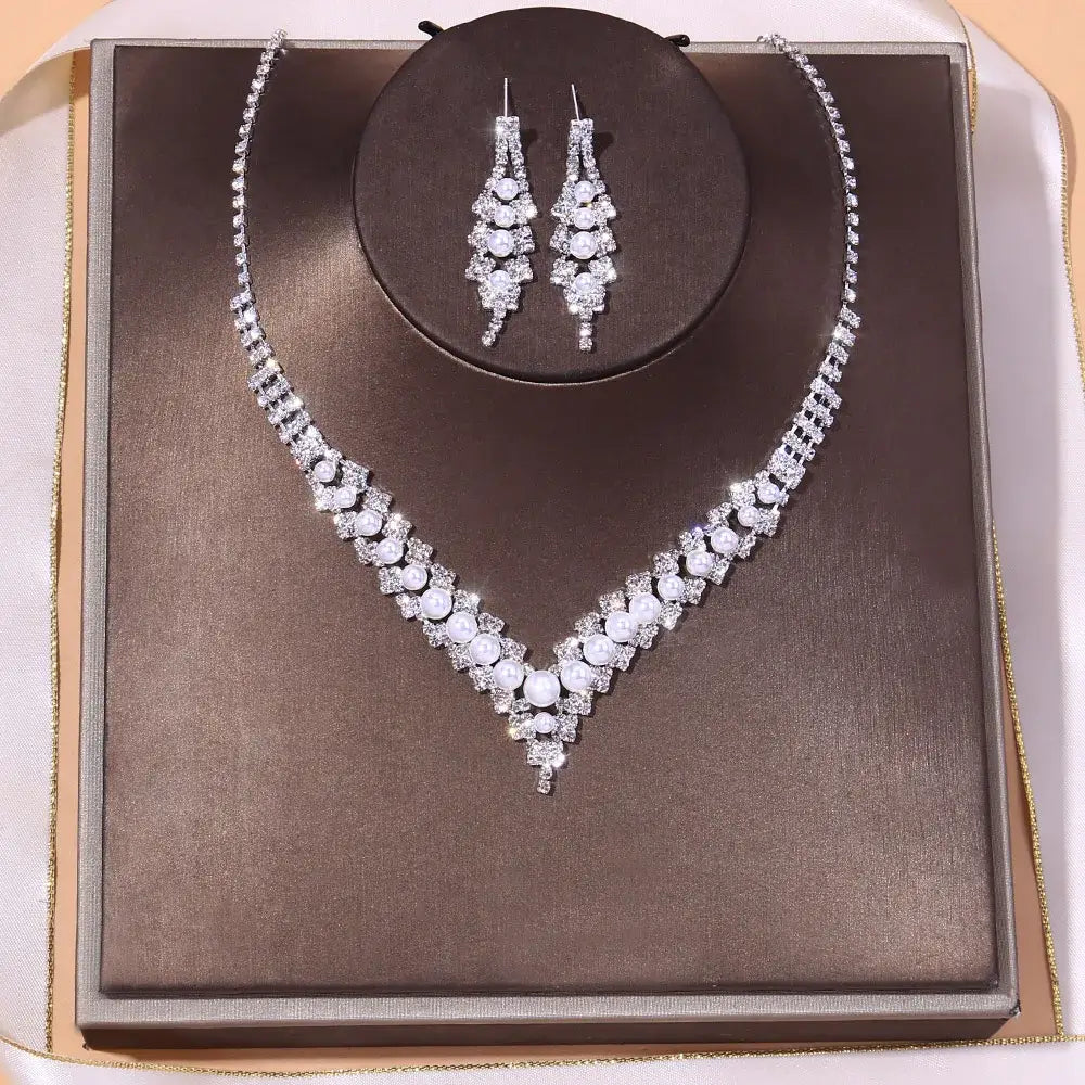 Geometric Rhinestone Bridal Jewelry Set with Zircon Necklace and Earrings T-2 Silver