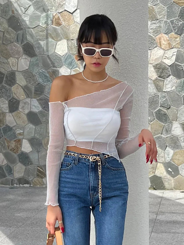 Dozw Sparkly Hollow Mesh Crop Top For Women Slim Fit