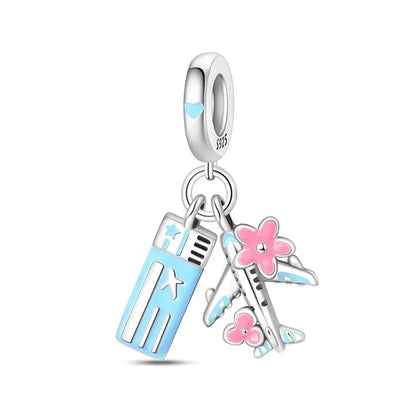 Sterling Silver Pink Blossom Dangle Charm with Butterfly Heart Flower Rose and Bird Bead for DIY Necklace and Bracelet Jewelry