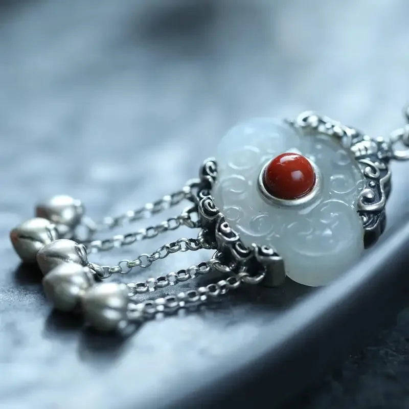 Ethnic Style Hetian Jade Silver Necklace Pendant for Ladies
