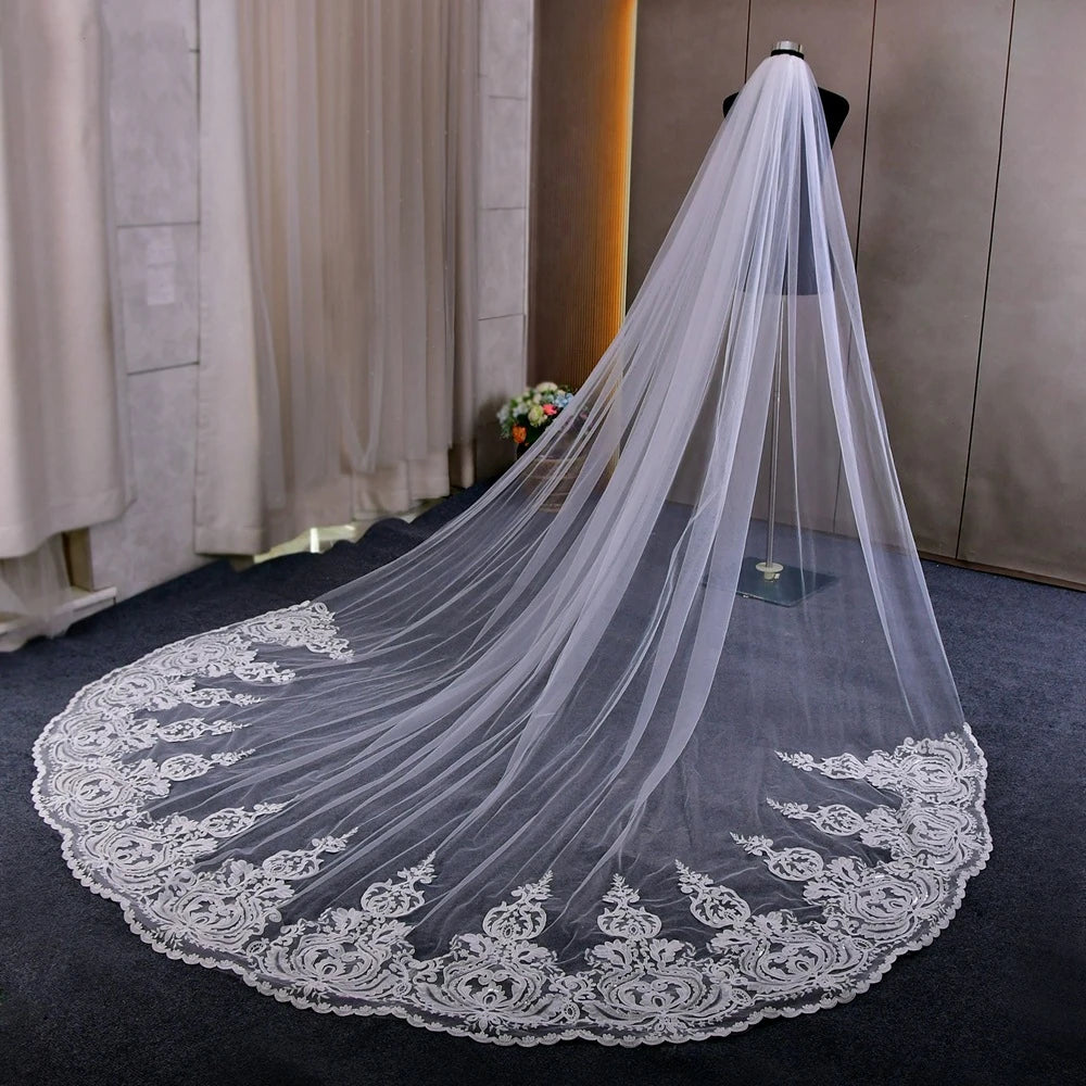 Ivory Cathedral Tulle Bridal Veil With Lace Edge And Comb