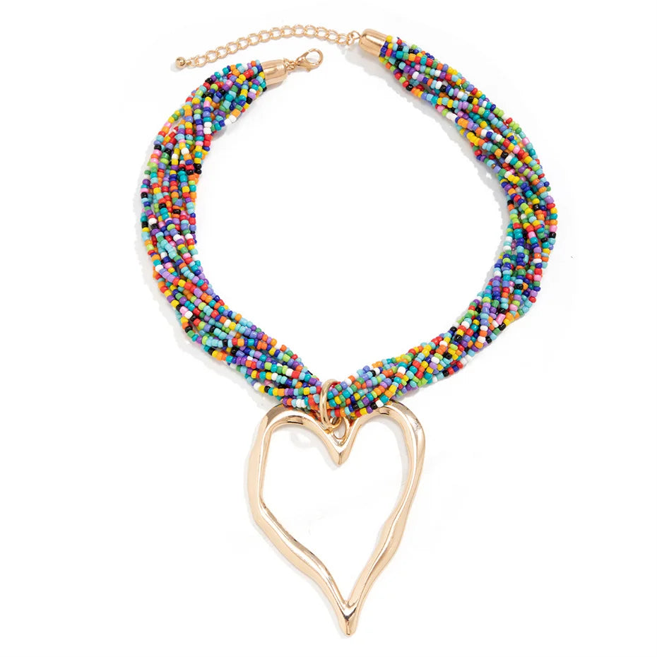 Boho Multilayer Heart Pendant Choker Necklace for Women Bridal Accessories