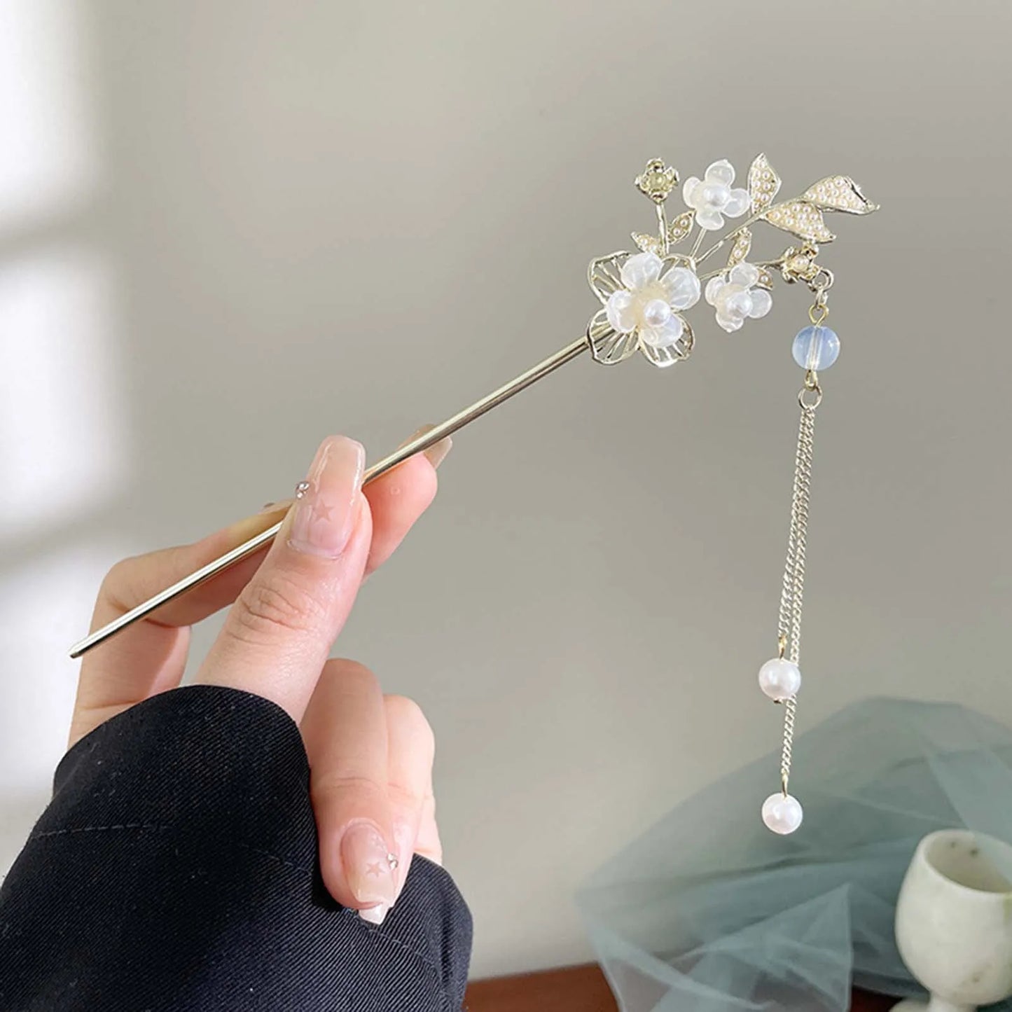 Elegant Ink Flower Tassel Hairpin Forks for Women - Modern Hanfu Hair Jewelry with Black Beads Fringe