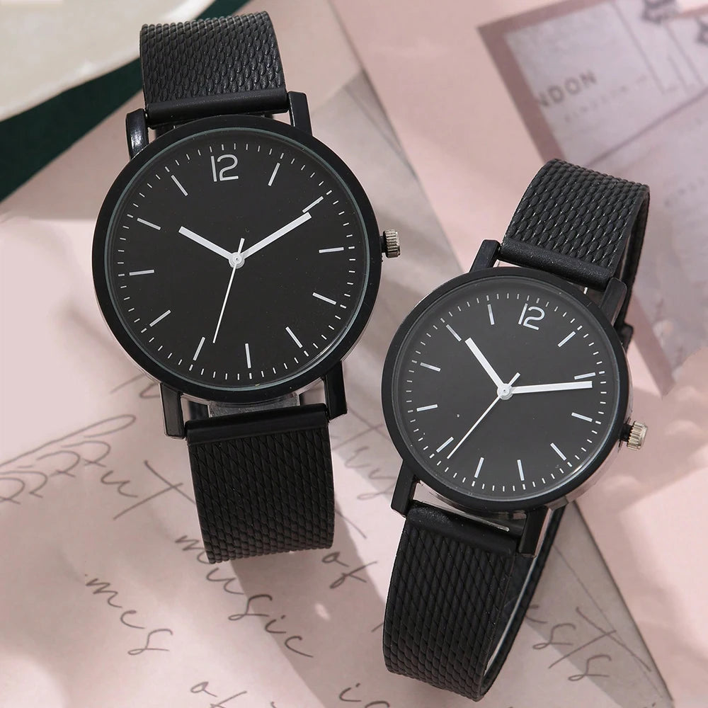 2PCS Set Couple Fashion Casual Leather Watches Simple Dial Black A