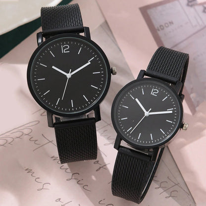 2PCS Set Couple Fashion Casual Leather Watches Simple Dial Black A