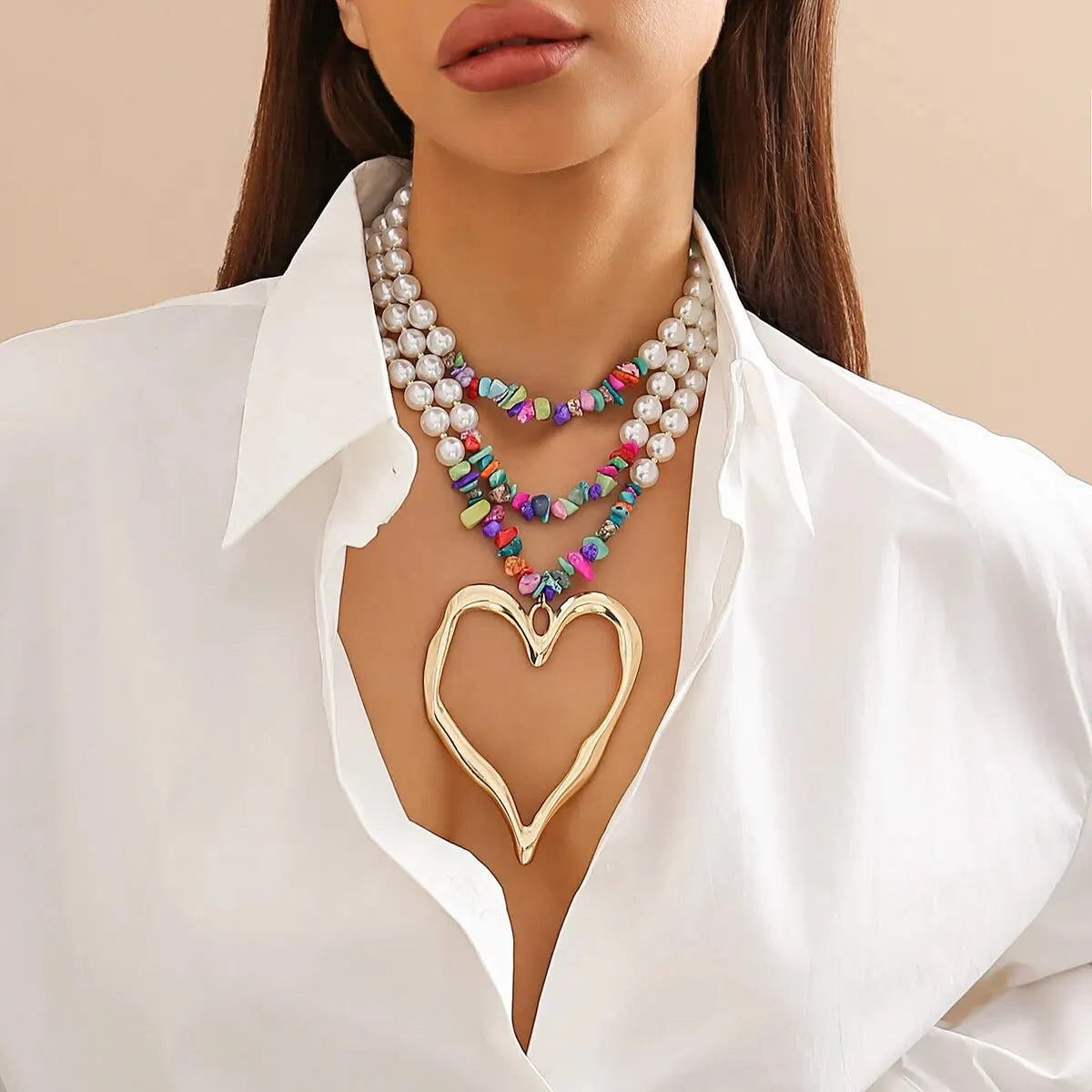 Elegant Gothic Love Heart Pendant Choker Necklace for Women with Multilayer Imitation Pearl Chain
