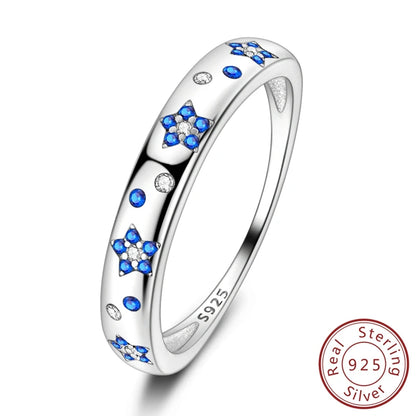 Hot Blue Zircon Ring for Women in 925 Sterling Silver with Sparkling Star and Moon Design Elegant Wedding Jewelry LLTR153
