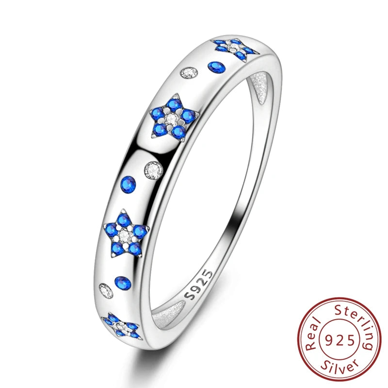 Hot Blue Zircon Ring for Women in 925 Sterling Silver Sparkling Star and Moon Design Wedding Jewelry LLTR208