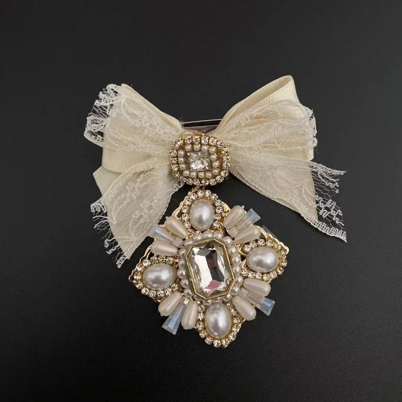 Elegant Korean Rhinestone Pearl Bow Brooches for Women Fashion Jewelry Lapel Pins