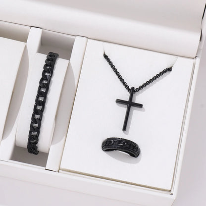 Men's Stylish Black Stainless Steel Cross Necklace, Ring, and Bracelet Set - Non-Fading Jewelry for Weddings and Parties