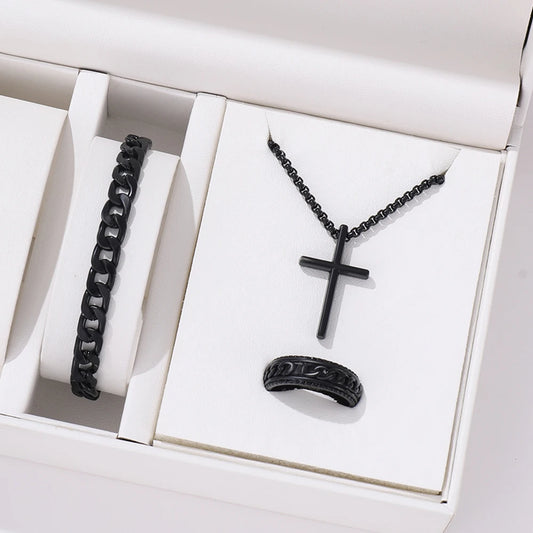 Men's Stylish Black Stainless Steel Cross Necklace, Ring, and Bracelet Set - Non-Fading Jewelry for Weddings and Parties