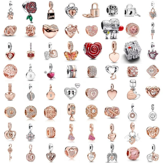 Rose Gold Padlock Heart Key Pendant Necklace for Women 925 Silver with Zircon Beads
