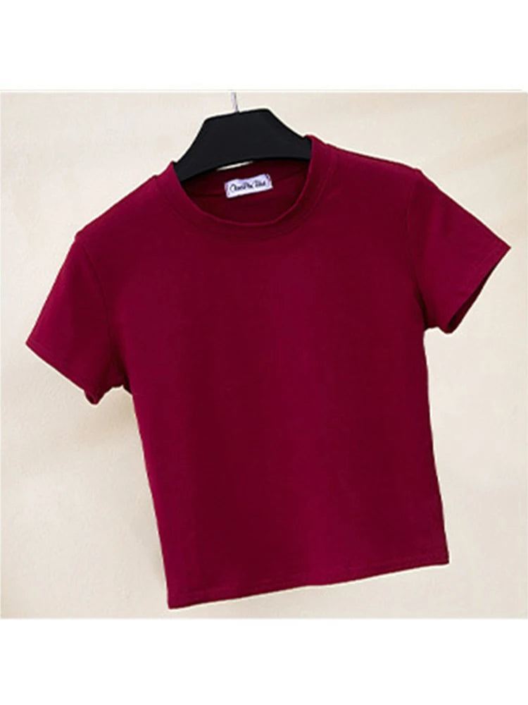 Cotton Crop Top Women O Neck Short Sleeve Slim Fit Soft