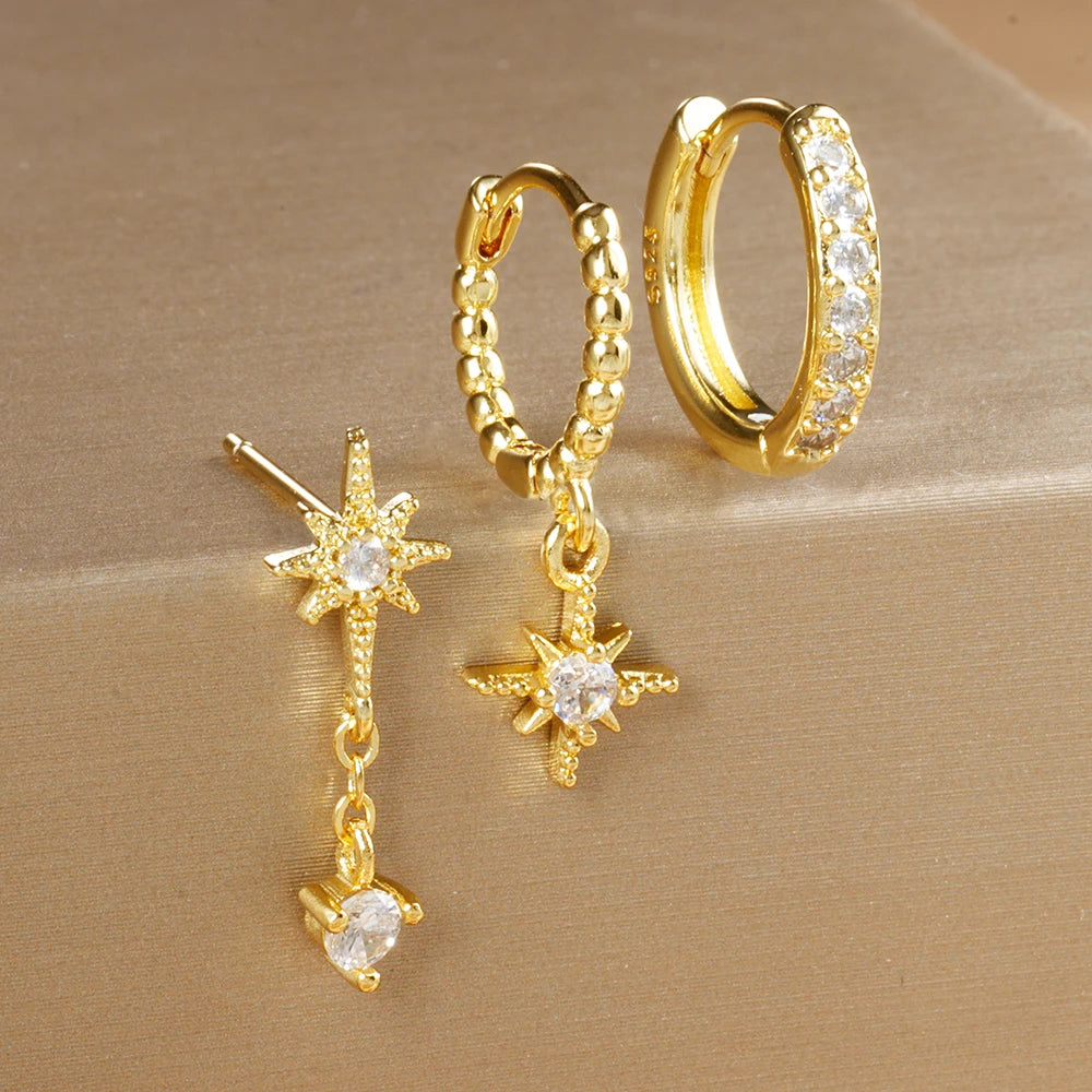 3PCS Luxury Star Pendant Earrings Set for Women Stainless Steel and Cubic Zirconia Punk Ear Studs Fashion Jewelry