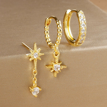 3PCS Luxury Star Pendant Earrings Set for Women Stainless Steel and Cubic Zirconia Punk Ear Studs Fashion Jewelry