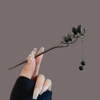 Elegant Chinese Flower Tassel Hair Stick With Black Beads For Women