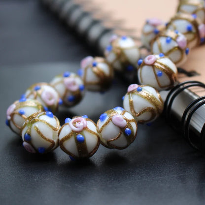 Handmade Lampwork Glass Flower Beads Set with Gold Accents for Jewelry Crafting