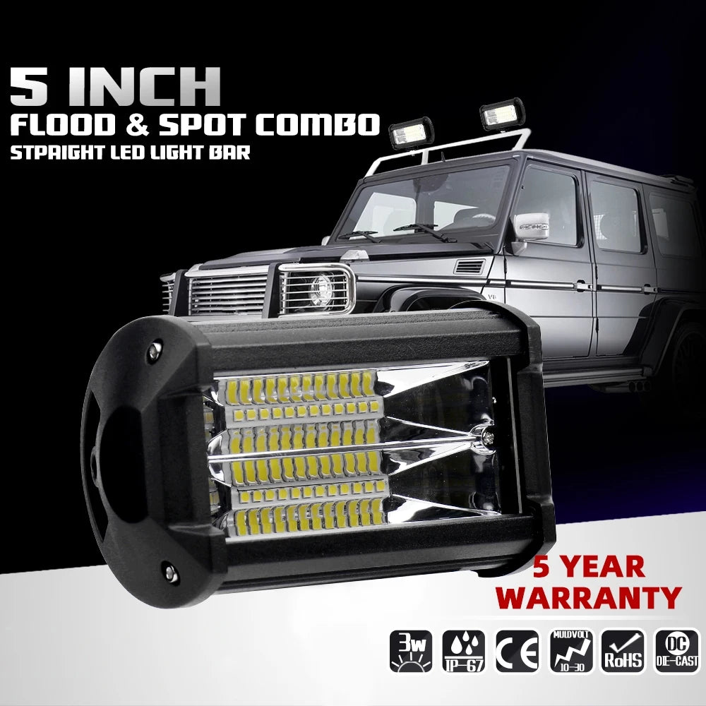 Powerful 5 Inch 72W LED Work Light for Offroad Cars and Trucks - Waterproof 6000K White Beam