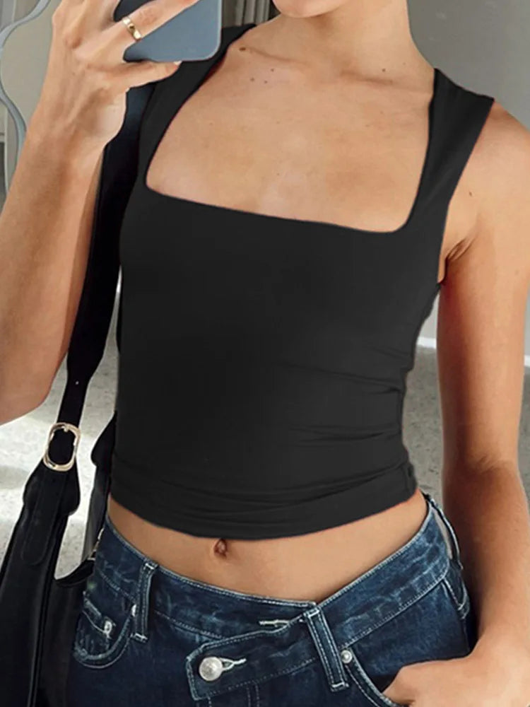 Sleeveless Collar Crop Top Women Tank Y2K Summer 2024 Black