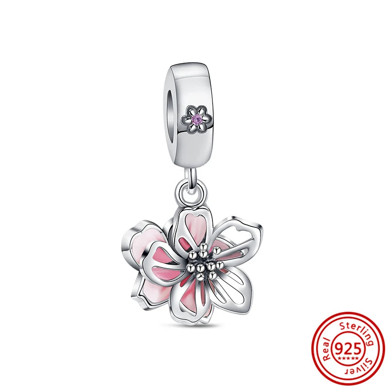 Springtime 925 Silver Pink Flower Ice Cream Charm Pendant for DIY Bracelets N587