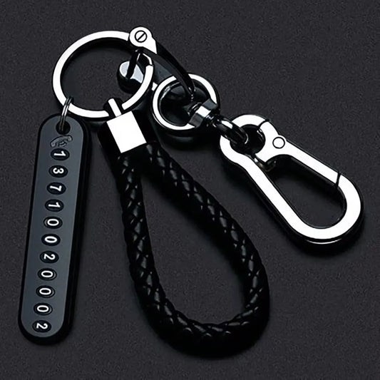 Trendy Keychain Pendant DIY Mobile Phone Number Plate with Woven Leather Rope Anti Lost Car Key Accessory for Men