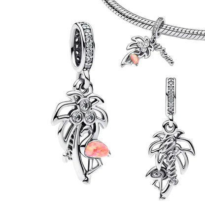 Sterling Silver Pink Blossom Dangle Charm with Butterfly Heart Flower Rose and Bird Bead for DIY Necklace and Bracelet Jewelry