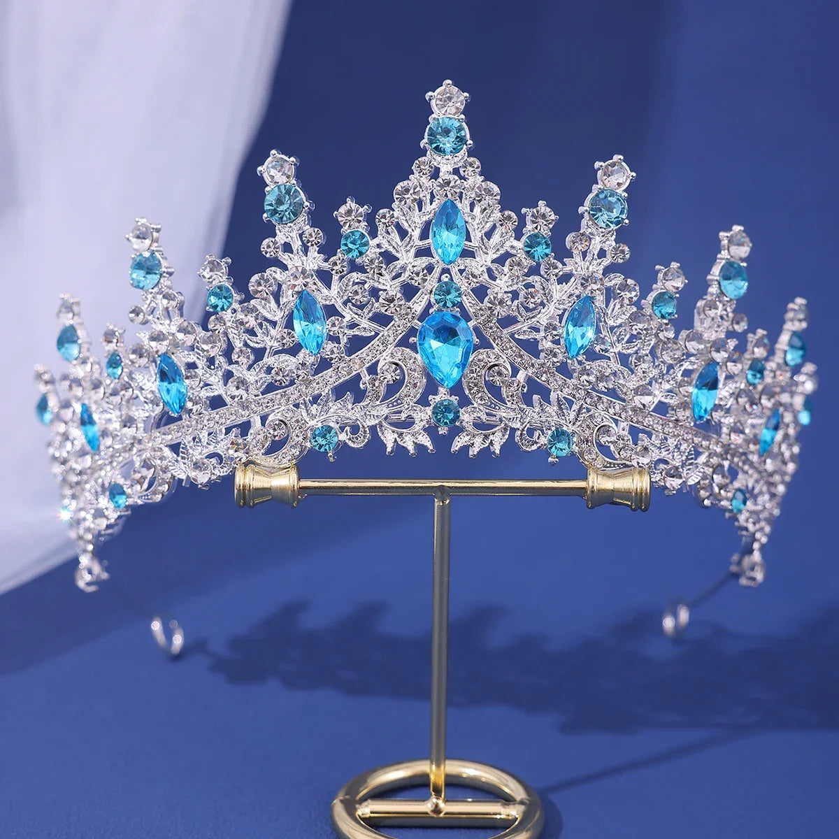 Luxury Bridal Crown - Baroque Queen Tiaras for Weddings & Parties silver Lake Blue