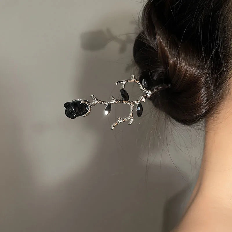 Vintage Rose Flower Crystal Hairpin Stick for Women Fashion Alloy Headwear