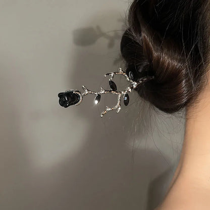 Vintage Rose Flower Crystal Hairpin Stick for Women Fashion Alloy Headwear