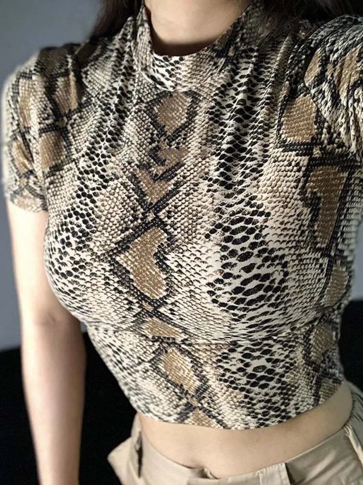 Dozw Snake Print Crop Top Women Sexy High Collar Slim Fit