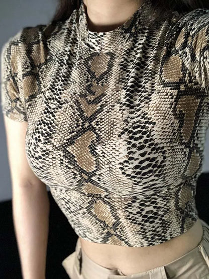 Dozw Snake Print Crop Top Women Sexy High Collar Slim Fit