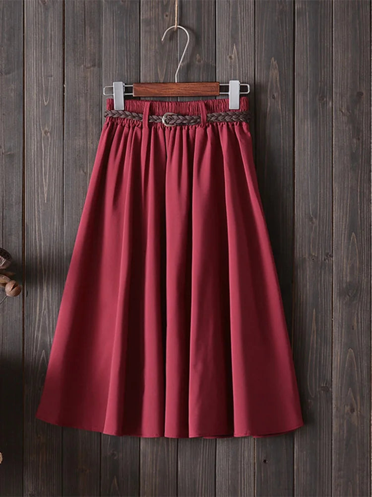 Midi Knee Length Skirt Women With Belt High Waist Pleated