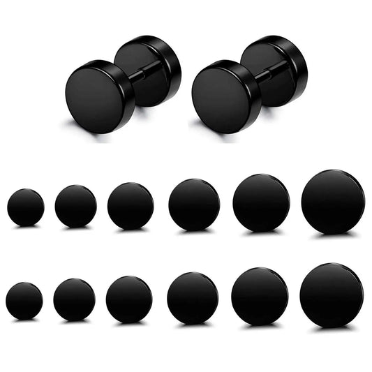 6 Pairs Stainless Steel Black Stud Earrings for Men and Women Faux Gauge Tunnel Designs 3-8mm