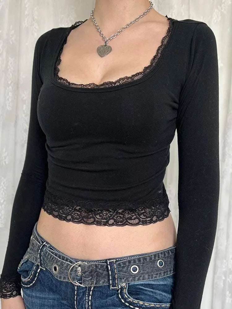 Y2K Vintage Fairy Grunge Lace Trim Long Sleeve Slim Fit Tee